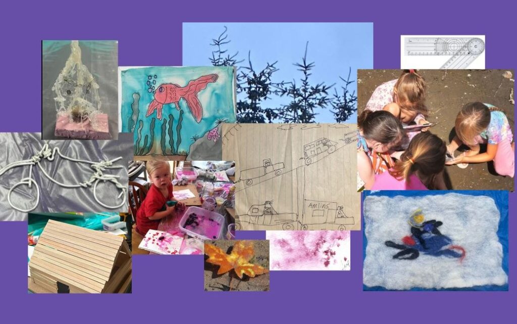 Skills to Create student work: a painted fish, wire sculptures, a truck drawing, a felted piece, and children working together